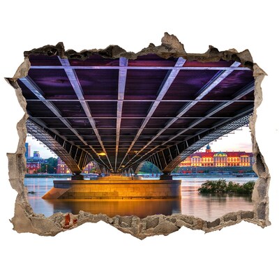 Wandsticker 3D gat met uitzicht Brug over de rivier