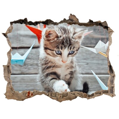 Wandsticker 3D gat met uitzicht Kitten in een gat in de muur