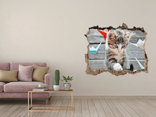 Wandsticker 3D gat met uitzicht Kitten in een gat in de muur