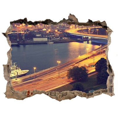 Wandsticker 3D gat met uitzicht Uitzicht op de stad 's nachts