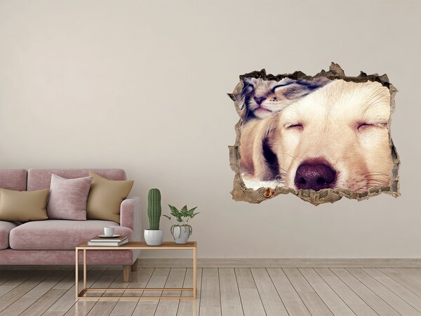 Zelfklevende muursticker 3D gat Schattige hond in een gat in de muur