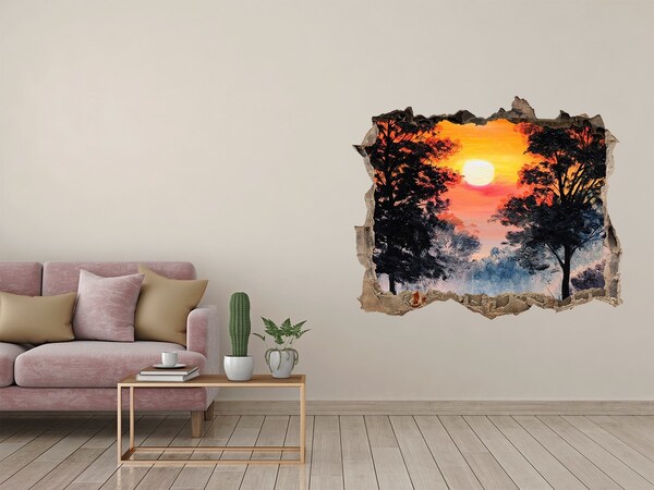 Zelfklevende muursticker 3D gat Zonsondergang in het bos