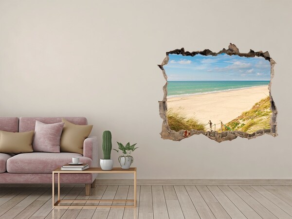 Zelfklevende 3D wandsticker illusie Caribisch strand door een gat in de muur
