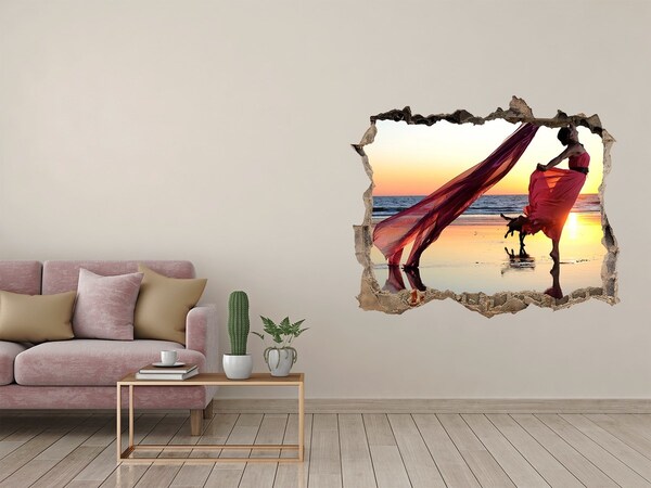 Wandsticker 3D gat met uitzicht Dansen op het strand bij zonsondergang