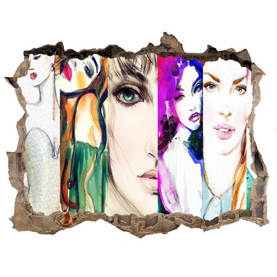 Wandsticker 3D doorkijk Vrouwenportretten in een gat in de muur