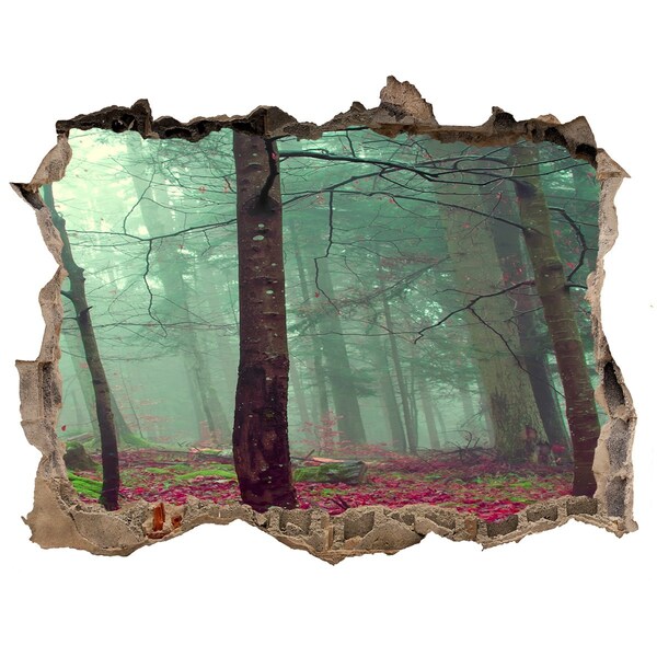 Wandsticker 3D gat met uitzicht Betoverd bos in de mist