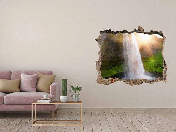 Wandsticker 3D doorkijk Een waterval in een groen landschap