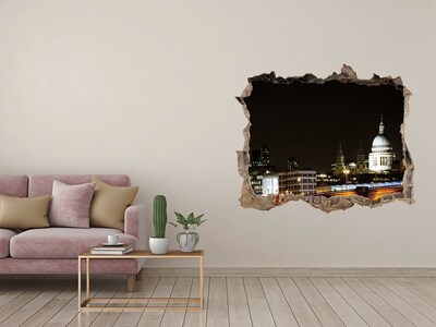 Wandsticker 3D gat met uitzicht Nachtzicht op Londen door een gat in de muur.
