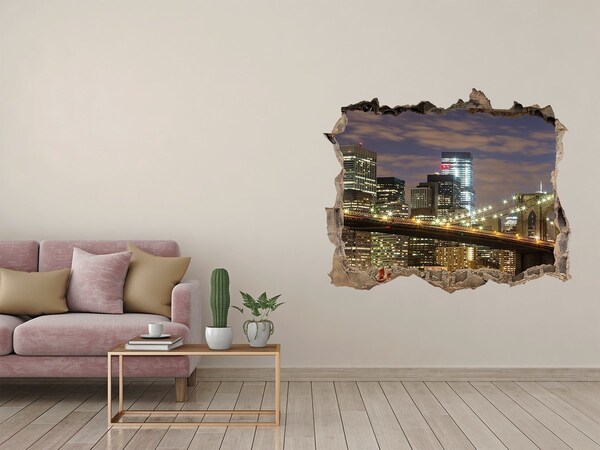 Zelfklevende muursticker 3D gat Uitzicht op de Brooklyn Bridge 's nachts