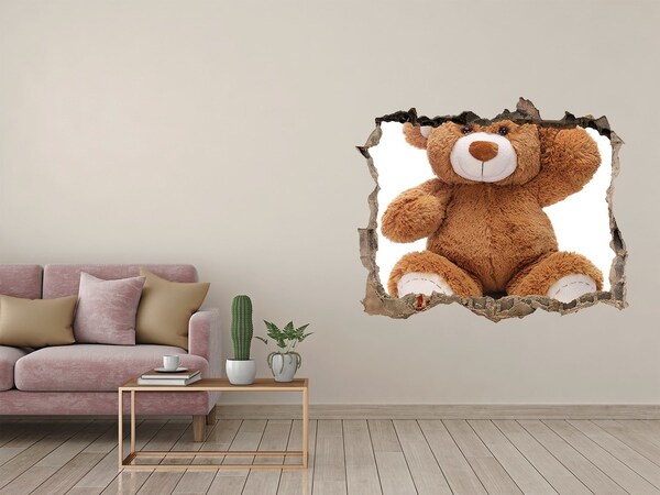 Zelfklevende 3D wandsticker illusie Teddybeer in een gat in de muur