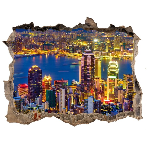 Fototapeta dziura na ścianę 3d Widok na Hongkong nocą