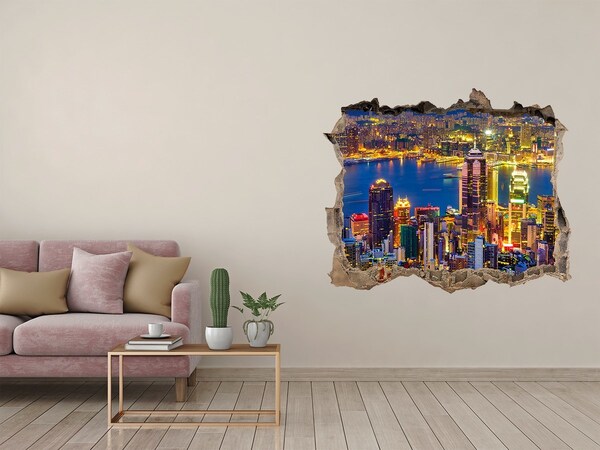 Wandsticker 3D doorkijk Uitzicht op Hongkong 's nachts