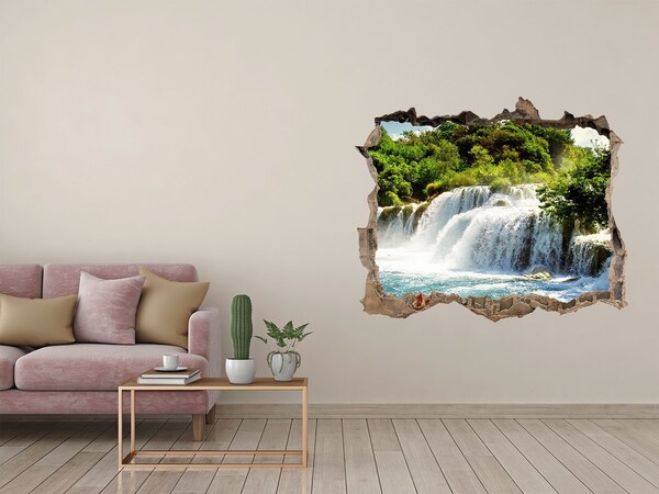 Zelfklevende 3D wandsticker illusie Een waterval te midden van het groen.