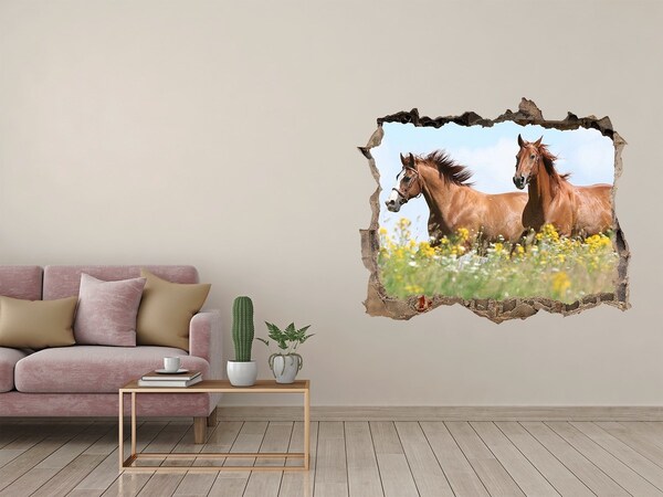 Wandsticker 3D gat met uitzicht Paarden in de wei