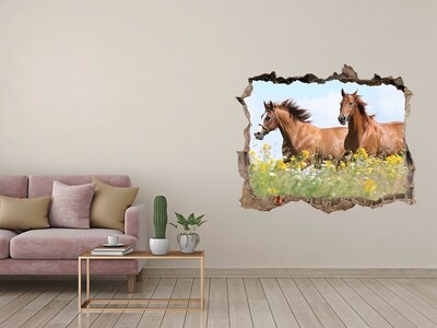 Wandsticker 3D gat met uitzicht Paarden in de wei