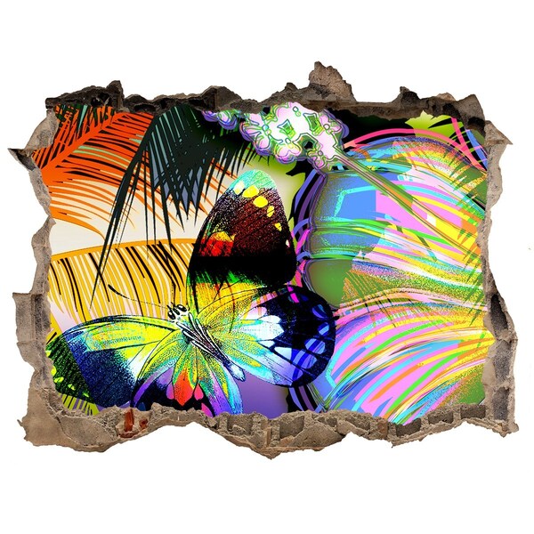 Wandsticker 3D gat met uitzicht Een kleurrijke vlinder in een gat in de muur