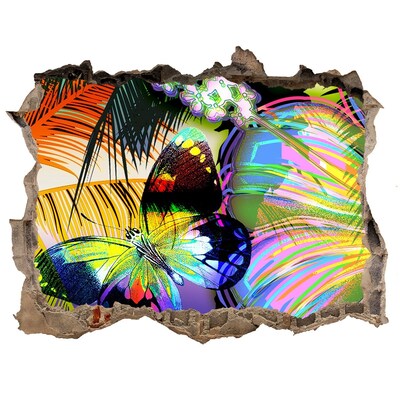 Wandsticker 3D gat met uitzicht Een kleurrijke vlinder in een gat in de muur