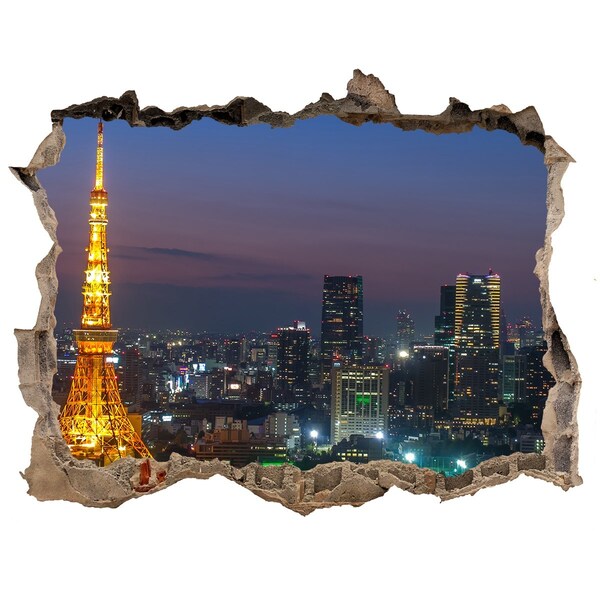 Wandsticker 3D gat met uitzicht Uitzicht op Tokio 's nachts