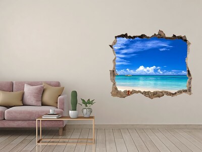 Wandsticker 3D gat met uitzicht Caribisch strand door het gat in de muur