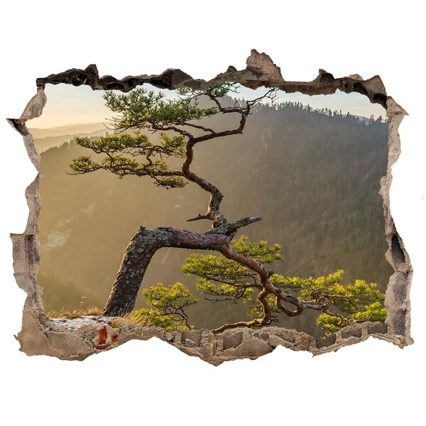 Zelfklevende muursticker 3D gat Berglandschap met een boom