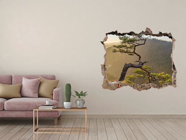 Zelfklevende muursticker 3D gat Berglandschap met een boom