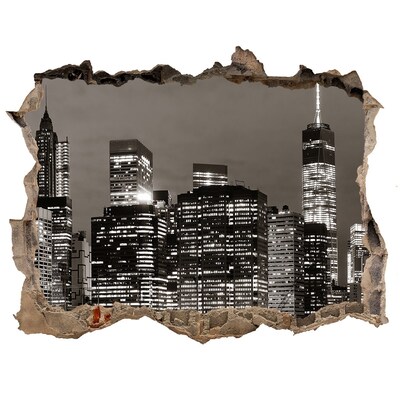Wandsticker 3D gat met uitzicht De skyline van New York 's nachts