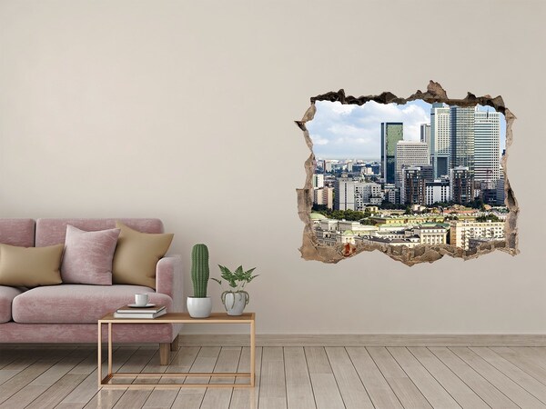Wandsticker 3D gat met uitzicht Uitzicht op de moderne stad