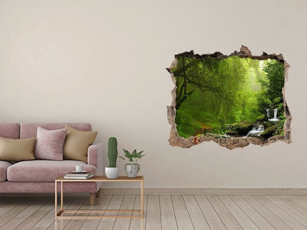 Wandsticker 3D doorkijk Groen bos met een waterval