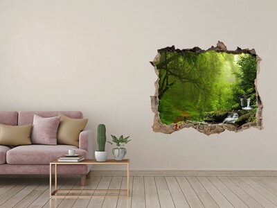Wandsticker 3D doorkijk Groen bos met een waterval