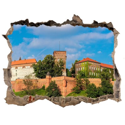 Wandsticker 3D gat met uitzicht Kasteel op de heuvel