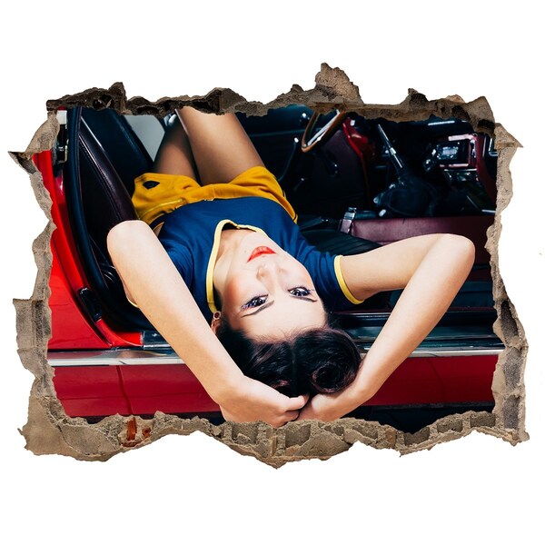 Wandsticker 3D doorkijk Vrouw in een klassieke auto