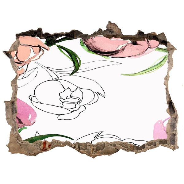 Wandsticker 3D gat met uitzicht Een bloemenmuurschildering achter een beschadigde muur