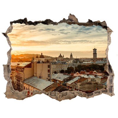Zelfklevende muursticker 3D gat Zonsondergang boven de stad