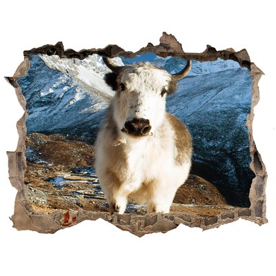 Wandsticker 3D gat met uitzicht Bergbuffel in een gat in de muur