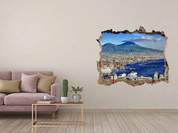 Zelfklevende 3D wandsticker illusie Uitzicht op Napels met de Vesuvius op de achtergrond.