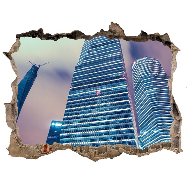 Zelfklevende muursticker 3D gat De moderne stad gezien door een gat in de muur.