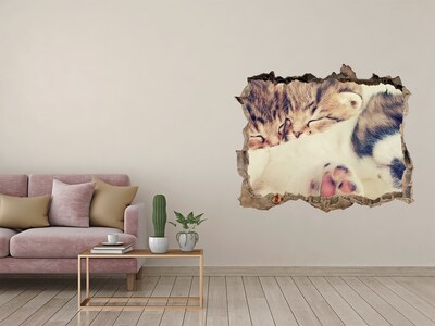 Wandsticker 3D gat met uitzicht Schattige kittens in een gat in de muur