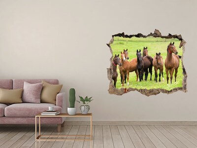 Zelfklevende muursticker 3D gat Een kudde paarden in de wei