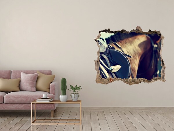 Zelfklevende 3D wandsticker illusie Een paard schoot van achter de muur vandaan.
