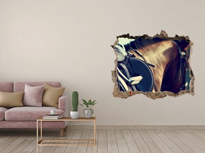Zelfklevende 3D wandsticker illusie Een paard schoot van achter de muur vandaan.