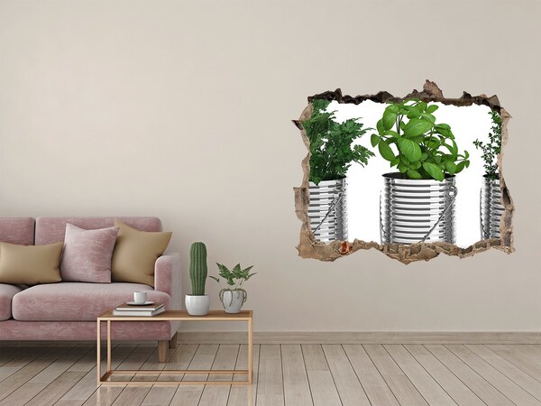 Wandsticker 3D gat met uitzicht Groene tuin in metalen potten