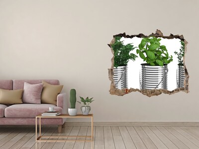 Wandsticker 3D gat met uitzicht Groene tuin in metalen potten