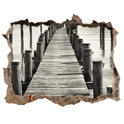 Wandsticker 3D gat met uitzicht Houten brug over het water
