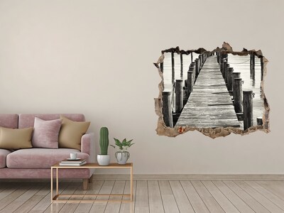 Wandsticker 3D gat met uitzicht Houten brug over het water