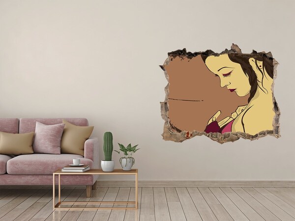 Zelfklevende 3D wandsticker illusie Vrouw in een fragment van een muur