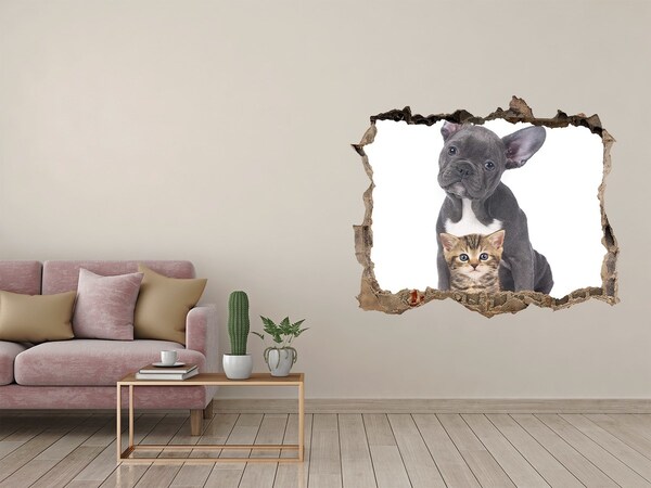 Wandsticker 3D doorkijk Schattige dieren achter de muur