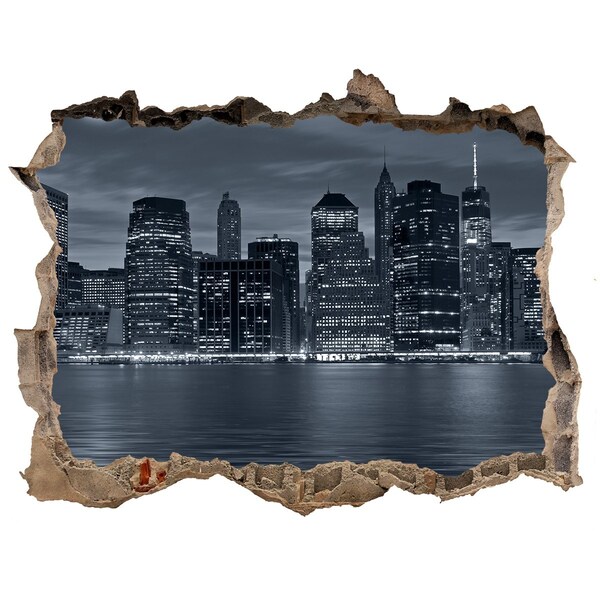 Wandsticker 3D gat met uitzicht Uitzicht op de skyline van New York 's nachts