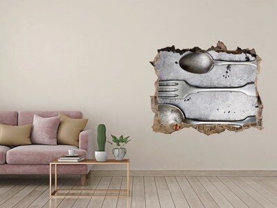 Zelfklevende 3D wandsticker illusie Een kapotte muur met uitzicht op het bestek.