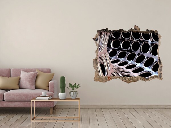 Zelfklevende muursticker 3D gat Metalen gaas door een gat in de muur
