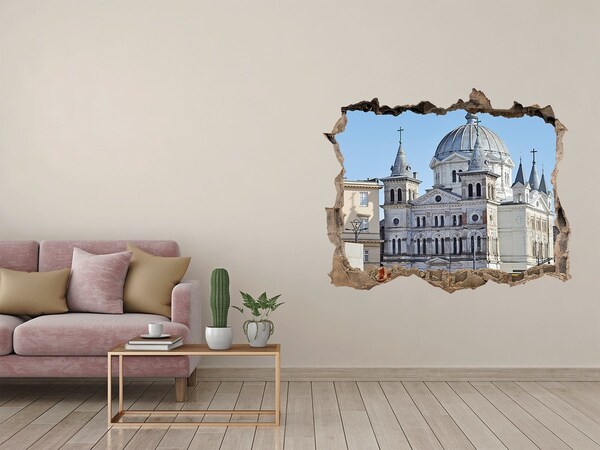 Wandsticker 3D gat met uitzicht De historische kathedraal in de stad